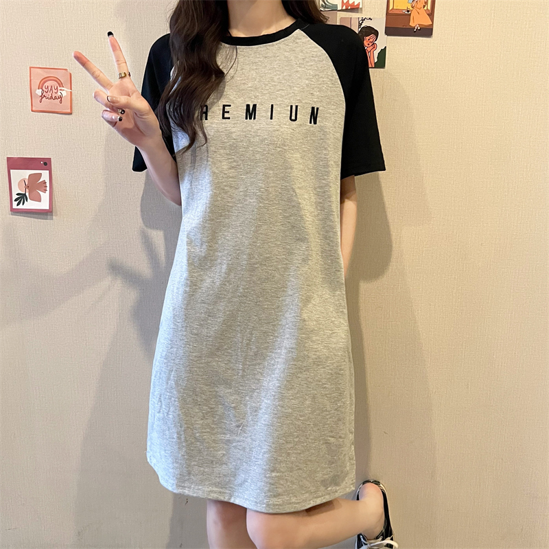 Real shooting cotton embroidery letter pocket short sleeve women's skirt long dress lazy skirt
