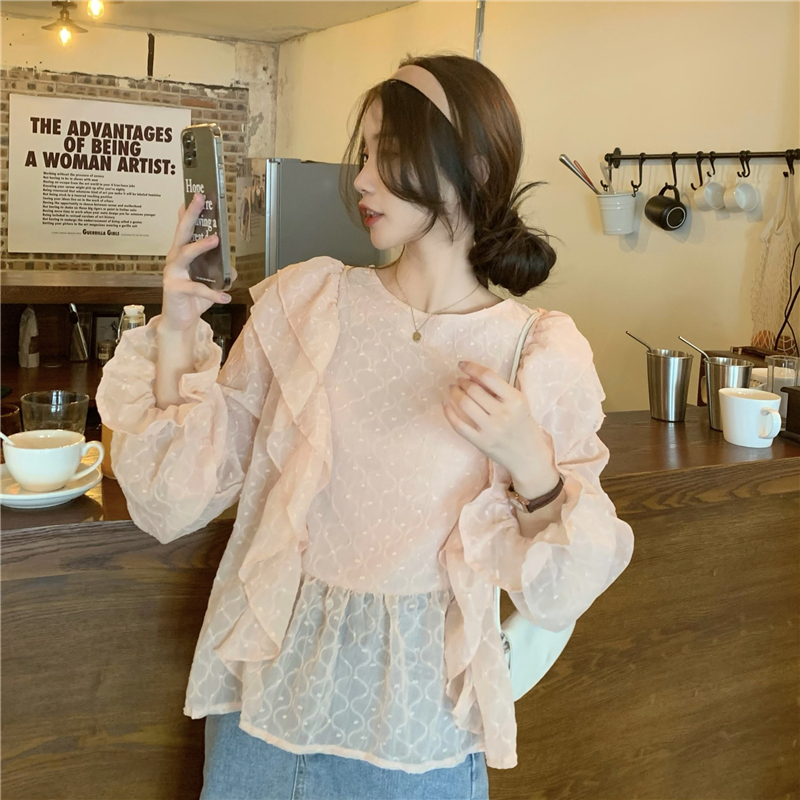 Real price! Pink sweet gauze chiffon shirt French style Ruffle lace shirt top