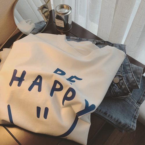 Official figure real price cotton commuter simple happy smiling face printed white short sleeve t-shirt female