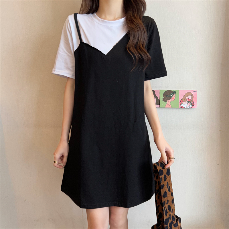 Real shot 2022 cotton splicing dress women's summer dress French design sense niche T-shirt