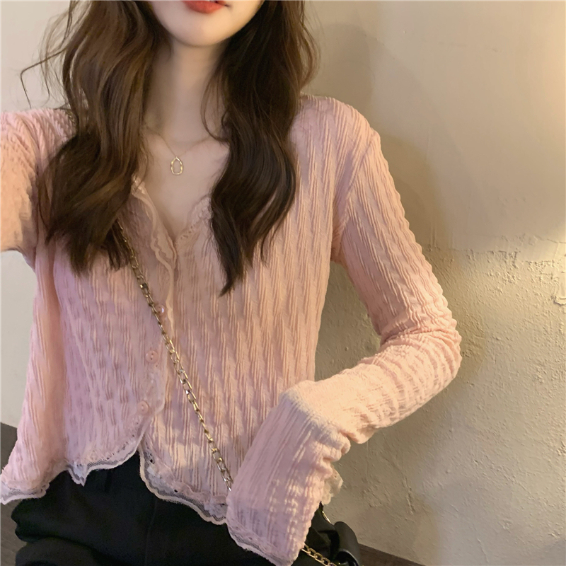 Real price! Pure lustful pink V-neck lace shirt for women's versatile sweet temperament and thin top