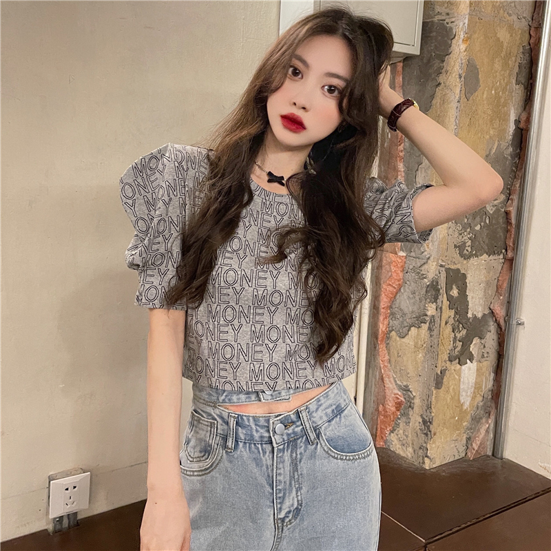 Real shot bubble sleeve slim fit T-shirt women's French short top women's shoulder pad