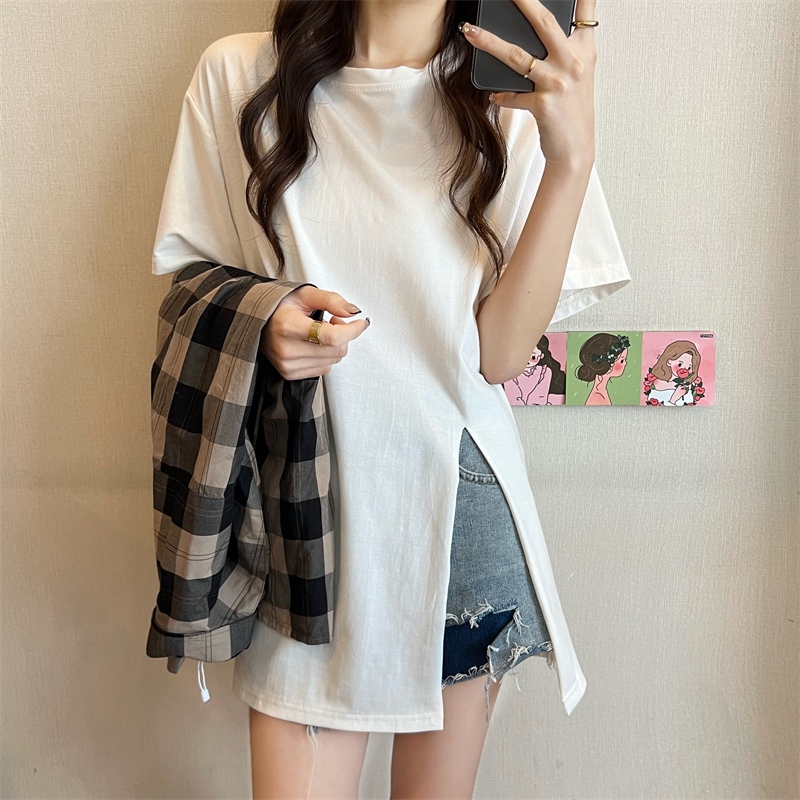 Real shooting cotton summer split T-shirt women's short sleeve niche design chic top
