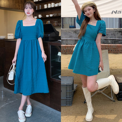 Real shot French style square neck bubble sleeve dress for women's first love super xiansen open back skirt
