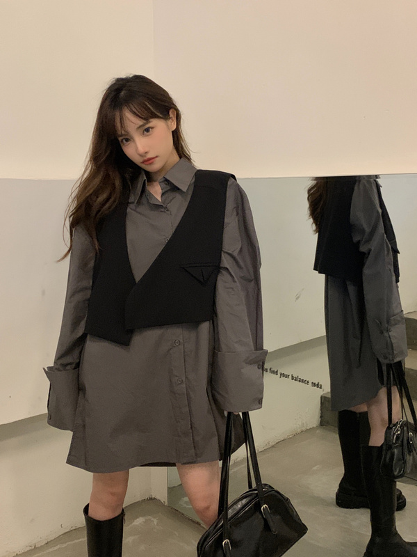 Real shot real price loose and thin solid color shirt skirt cuff design versatile suit vest