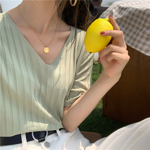 Chicken heart collar bottomed shirt for women in summer with loose candy color Matcha green top thin ice silk short sleeve knitted T-shirt