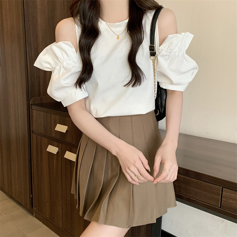 Real price cotton summer clothes new Korean versatile short sleeved T-shirt women's off shoulder top