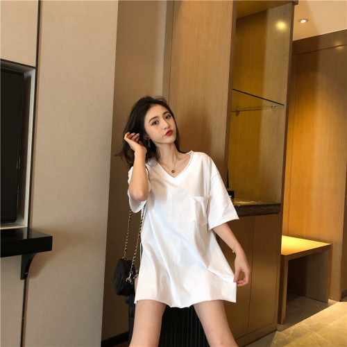 Real-time price control 28 new Korean version of Lazy Wind V-collar medium-long pure color T-shirt short sleeve loose open jacket