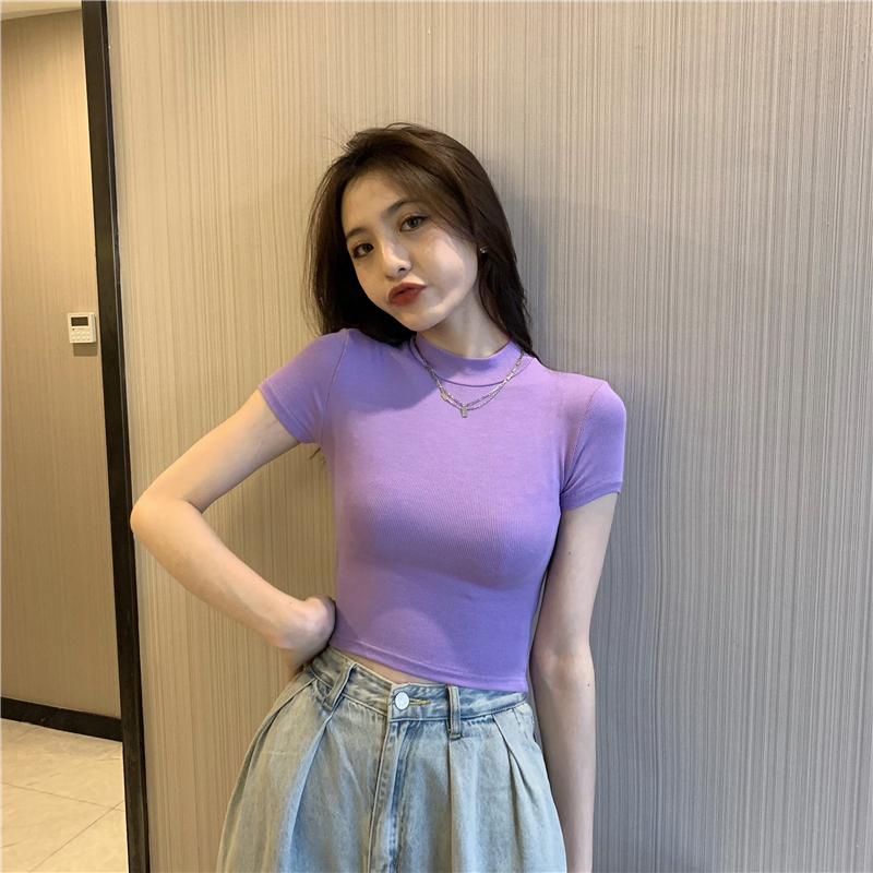 Real price basic tight elastic T-shirt slim short sleeve half high collar t-short versatile bottom half sleeve
