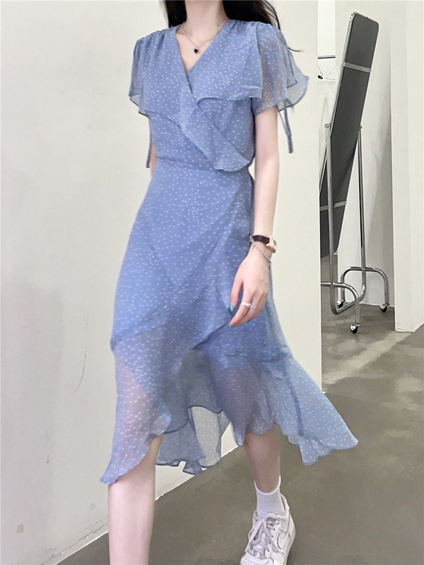 Real price Fairy Spirit gentle storm dot mesh skirt split irregular pleated lace up dress