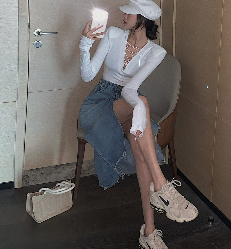 Real price hot girl lace up T-shirt with cardigan V-neck Top + denim skirt, high waist skirt, split skirt