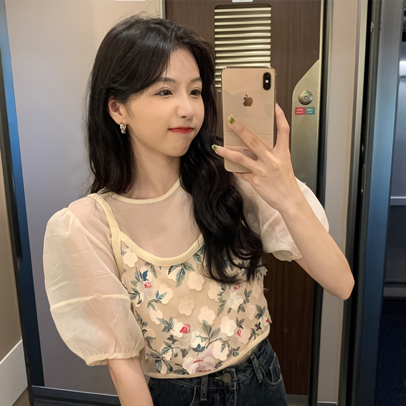 Real price and real shooting vintage pattern suspender vest sleeveless top female + transparent mesh with short sleeve top