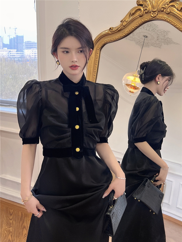 Real shooting summer short sleeve bow sexy Spice Girl Shirt Top + suspender dress two-piece female set