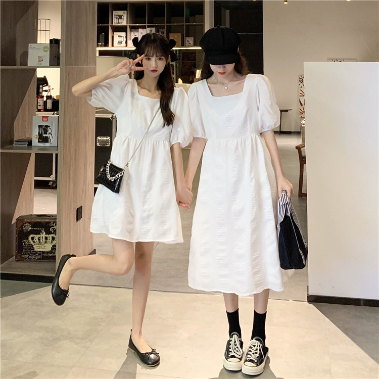 Women's sweet first love temperament with real price and real shooting dress, slim waist, square collar, medium and long girlfriends