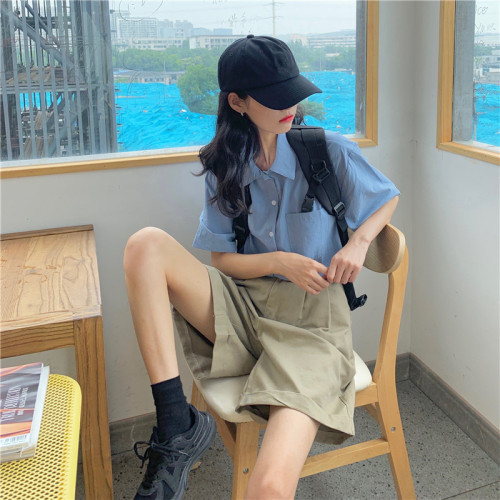 Real shot real price Korean student loose short sleeve shirt + high waist and thin straight tube tooling casual wide leg Capris