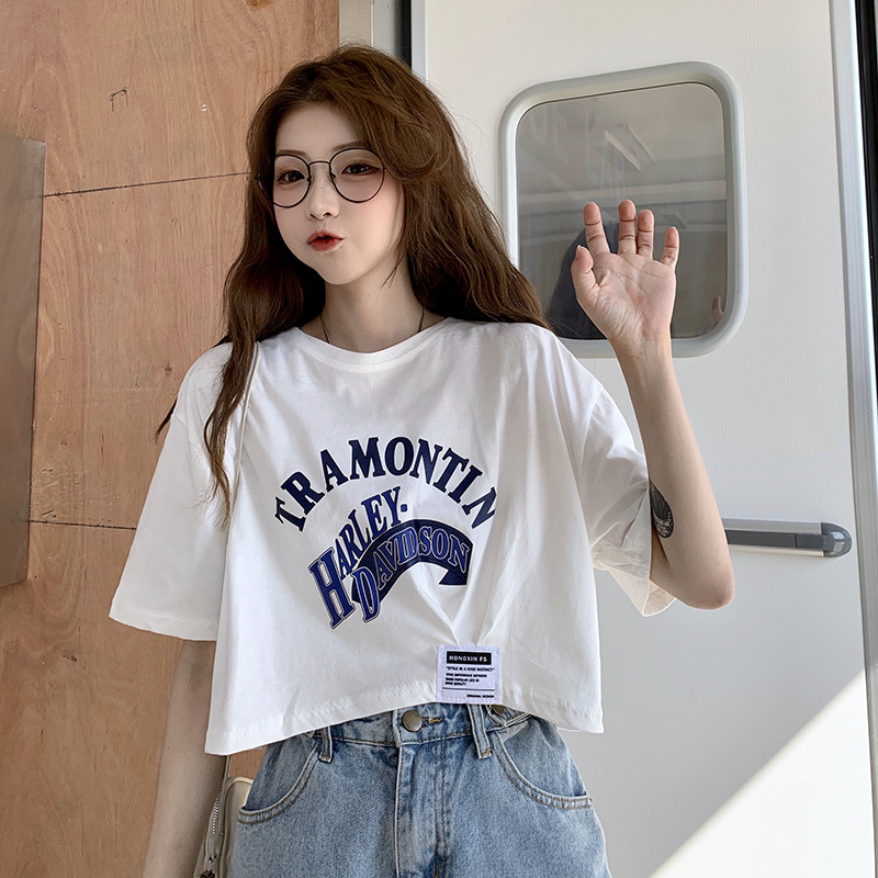 Real shooting short sleeved T-shirt women's summer net red ins short open navel high waist top