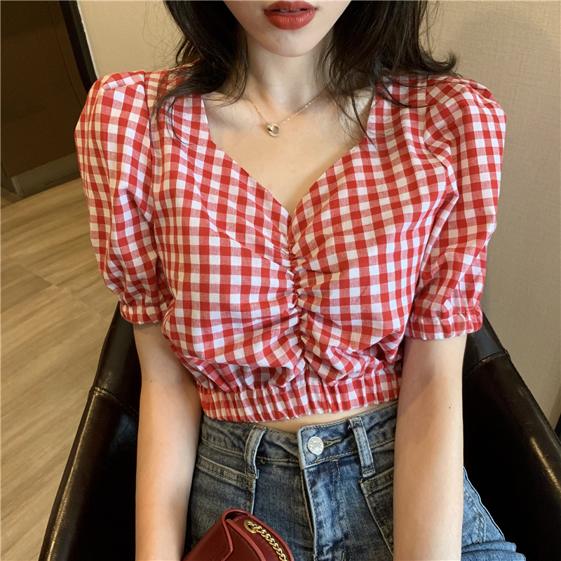 Real shot real price American style bubble sleeve short style Slim Fit Shirt Plaid Shirt