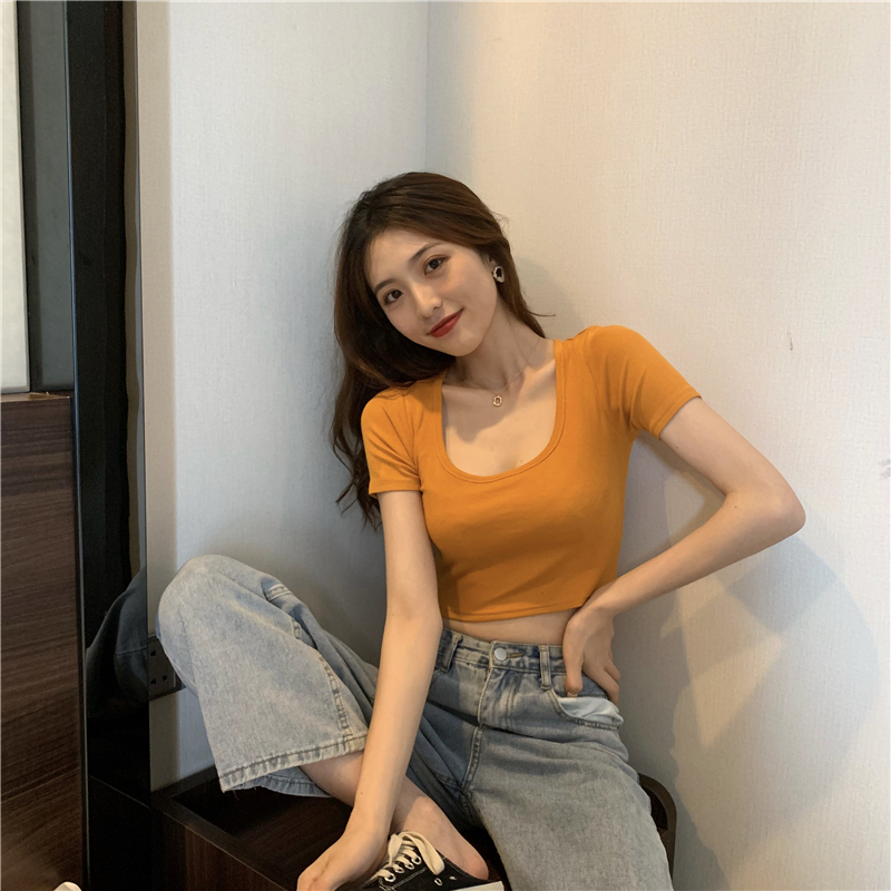 Real shooting and real price summer new slim fit U-neck thread bottoming Shirt Short Sleeve thin top solid color short T-shirt