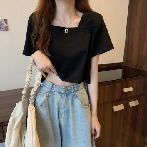 Ins super fire design sense square neck short sleeve T-shirt women Xia Xiaozhong short high waist exposed navel loose upper clothes