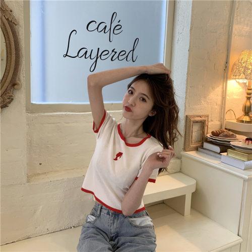 Real photo real price new Korean color contrast round neck Short Sleeve T-Shirt Top schoolgirl T-shirt
