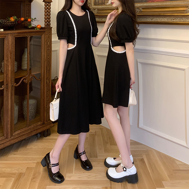 Real shooting large size fat mm French Hepburn style open waist dress female summer mind machine small black skirt covers the belly and shows thin