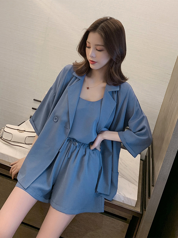 Large women's spring Korean casual suit + suspender + High Waist Shorts Set women's 200kg three piece summer suit