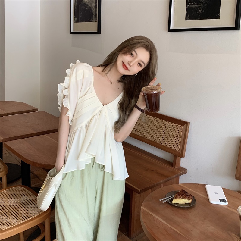 Real shot real price Korean version slim and slim V-neck design sense chiffon shirt + high waist and wide leg floor casual pants