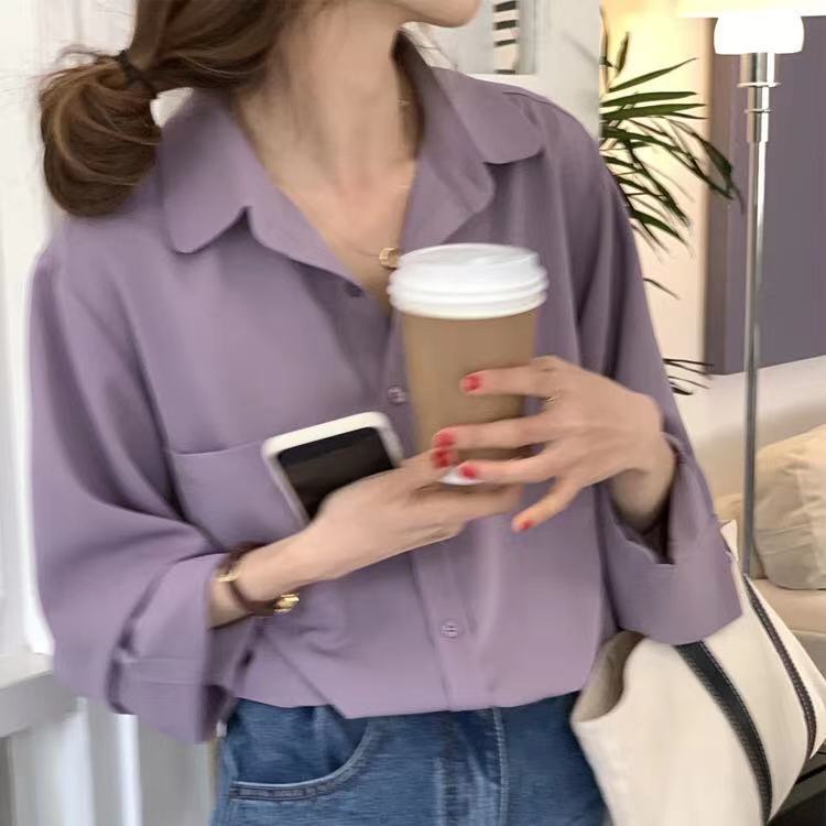 Design sense of minority retro Hong Kong flavor taro purple shirt women's blouse silky drape sense long sleeve cold wind shirt autumn