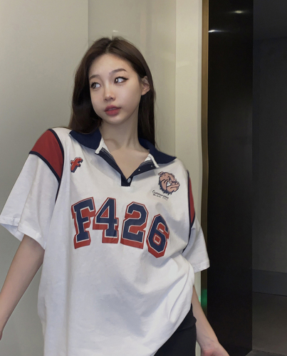Real shooting American campus polo shirt contrast color short sleeve T-shirt women's Harajuku Vintage half sleeve top