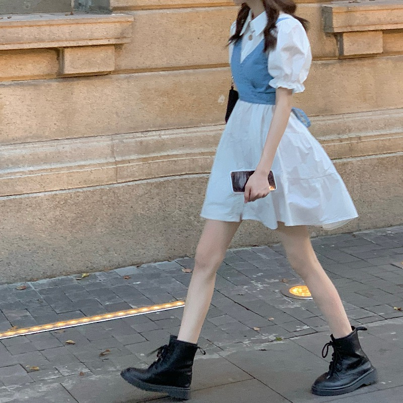 Korean college style denim suspender vest design sense of minority wear shirt dress two-piece suit female summer