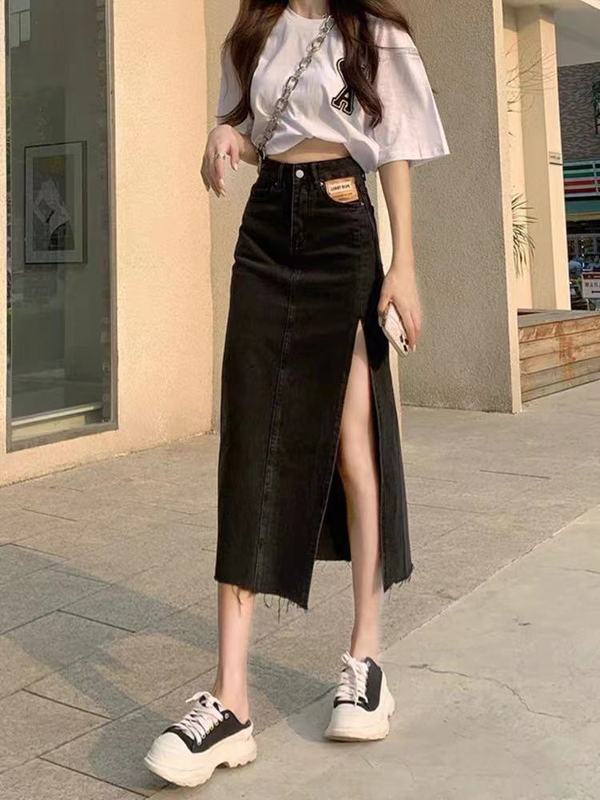Non real shooting spring and summer denim skirt women's high waist A-line skirt, hip skirt, irregular medium length skirt