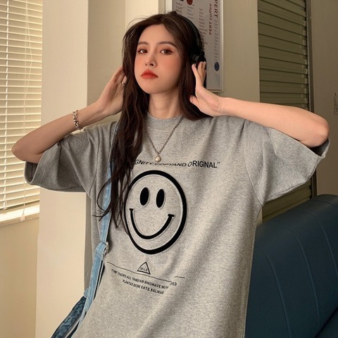 Pure cotton Korean 2022 new loose medium and long lovers' letter printed lower garment missing short sleeve t-shirt female