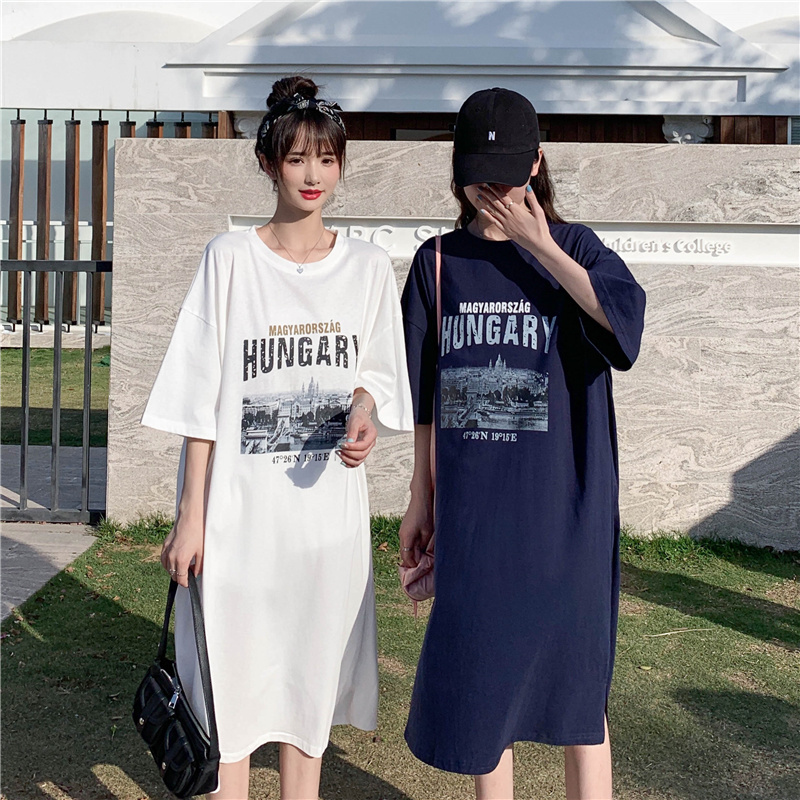Real shooting letter printing long short sleeved T-shirt skirt Korean summer loose casual over knee lazy dress