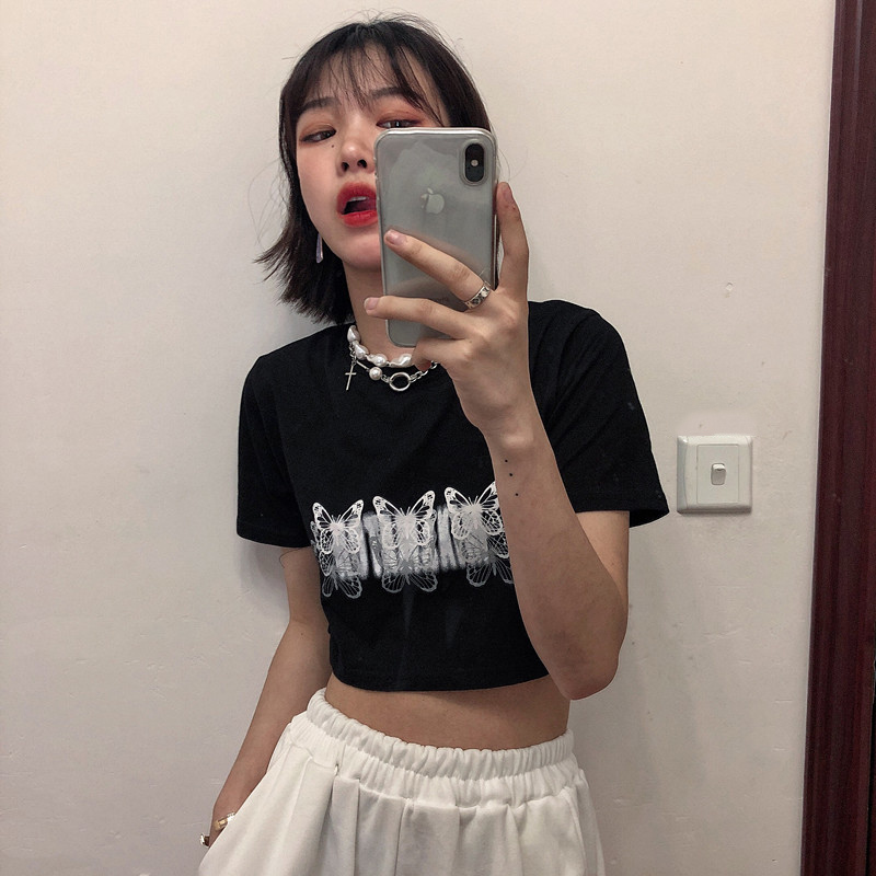 Short top women's short sleeve new summer butterfly black T-shirt student open navel high waist T-shirt