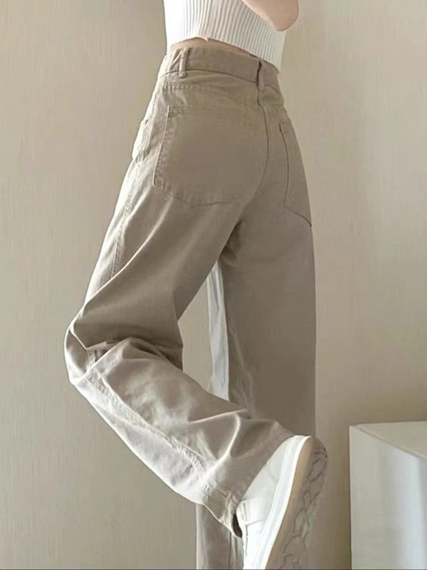 Non real shot Khaki high waist jeans design sense of small man loose straight wide leg pants fashion