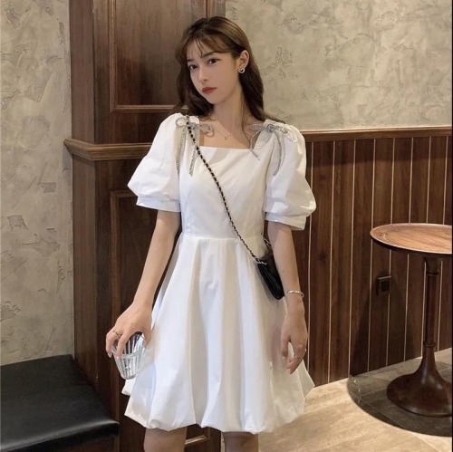 Summer  new Korean style waist closing thin bow temperament square neck A-shaped bubble short sleeve dress women's wear