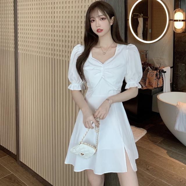 2021 summer new French Vintage Hepburn V-neck slim waistband careful machine sexy split dress children