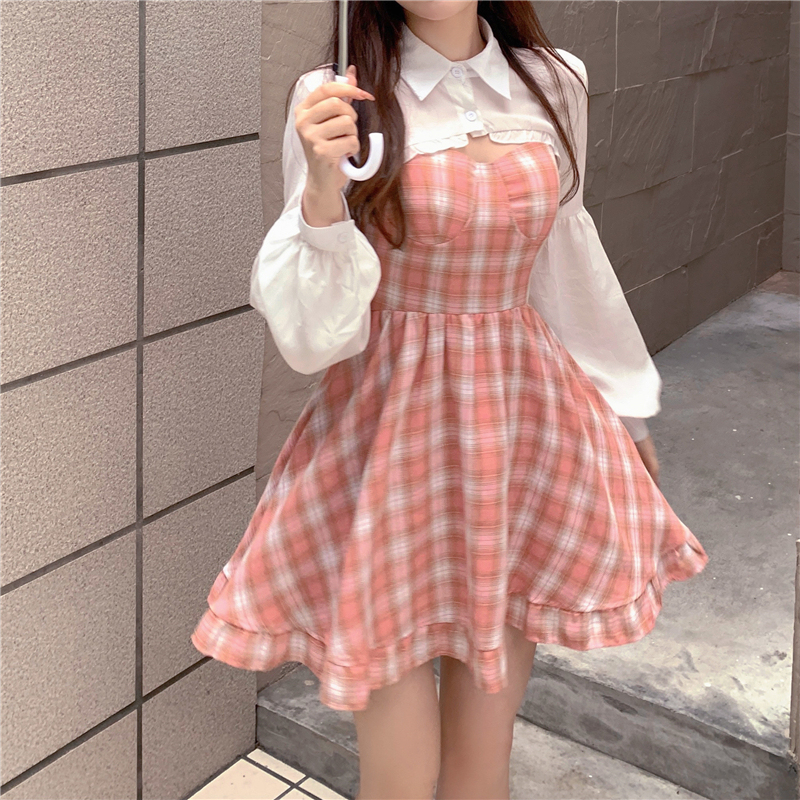 Real price ~ 2022 Vintage Lantern Sleeve sunscreen shawl shirt + first love pink plaid suspender dress