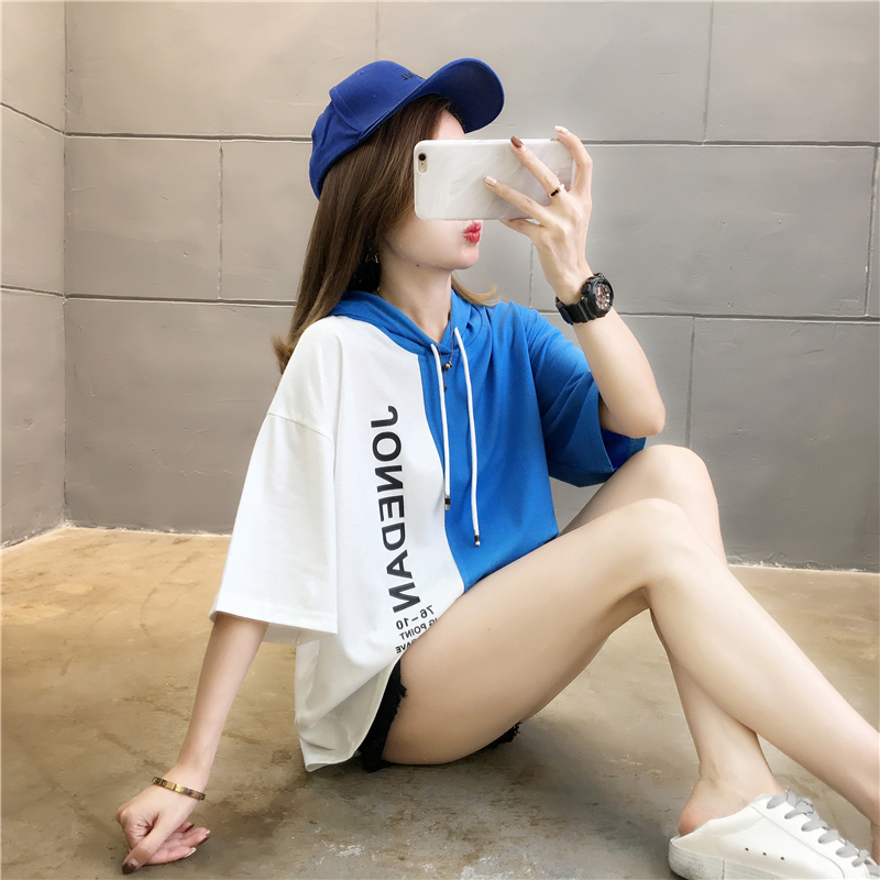 Photo frame cotton printing round neck sleeve with loose short sleeve T-shirt for women