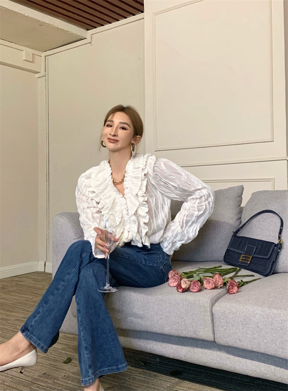 Real price retro lazy French top + high waist straight jeans
