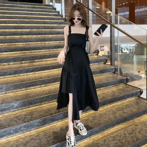 Hepburn light mature style design sense small black skirt gas sexy irregular suspender dress goddess summer