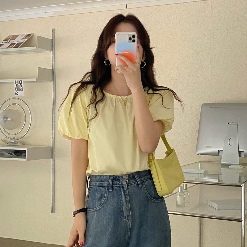 Real shooting imitation Tencel cotton early summer Sen Department sweet cool thin versatile Korean version bubble sleeve solid color age reducing short sleeve