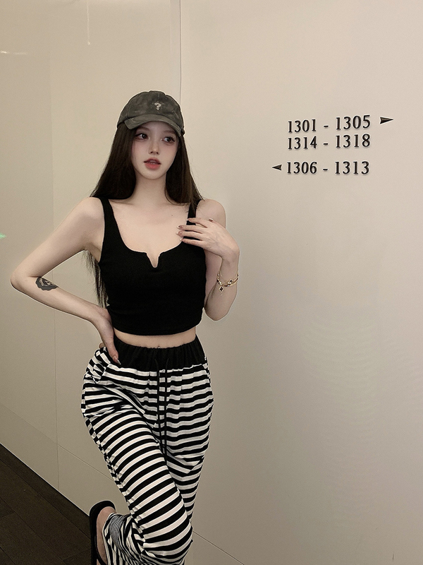 Real price! Striped wide leg pants women's high waist slim loose drawstring hanging straight casual pants