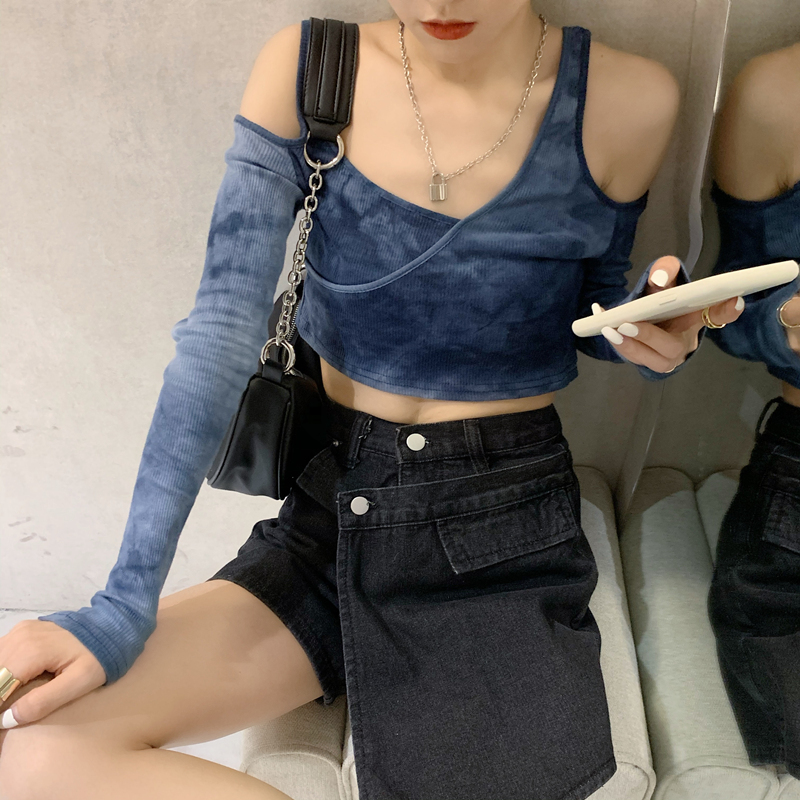 Real shot real price long sleeve t-shirt female ins off shoulder straight neck tie dyed high street Spice Girl