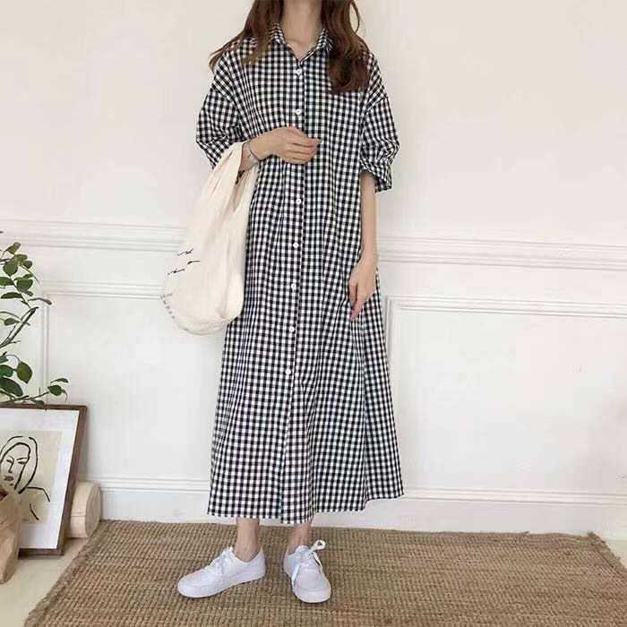 Korean plaid shirt dress women's 2022 spring and summer short sleeve cotton linen super long knee loose foreign style shirt