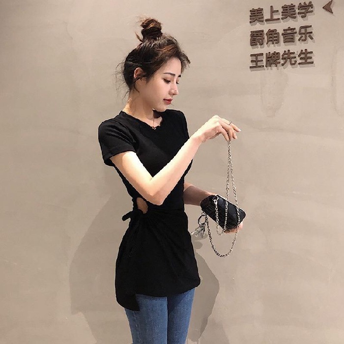 2022 summer port style vintage round neck short sleeve careful machine waist drawstring irregular split T-shirt women's top