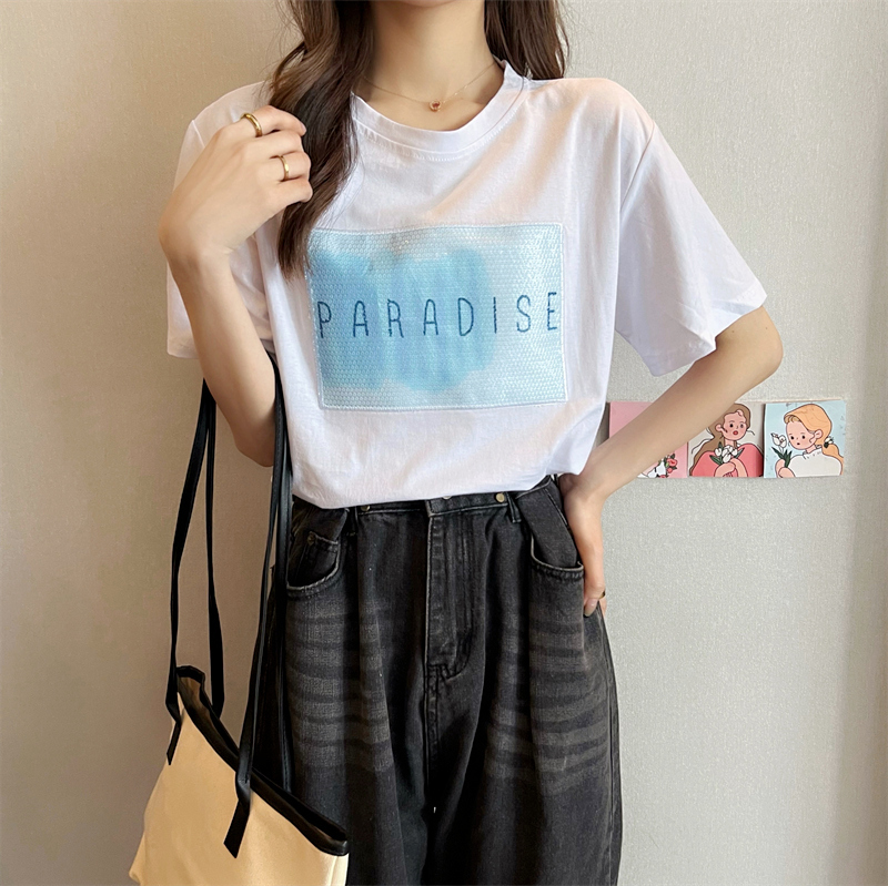 Real time embroidery Sequin cotton short sleeve T-shirt women's mint green minority coat