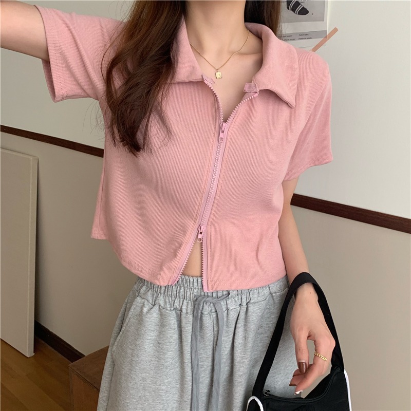 Ice thread summer slim zipper Polo neck short sleeve T-shirt women's top