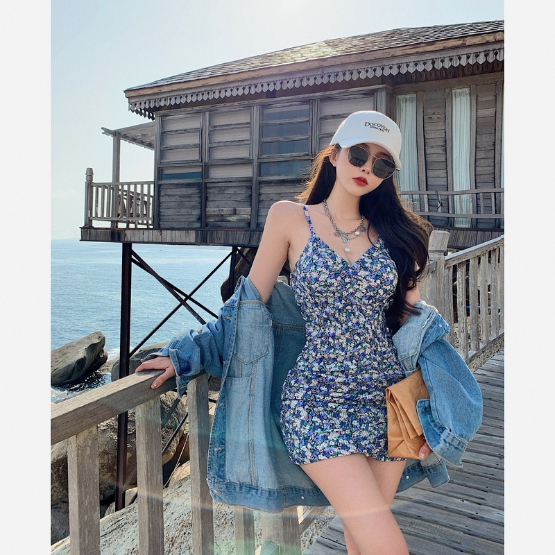 Real price Chiffon floral suspender dress female summer Kikyo French retro waist bag hip skirt
