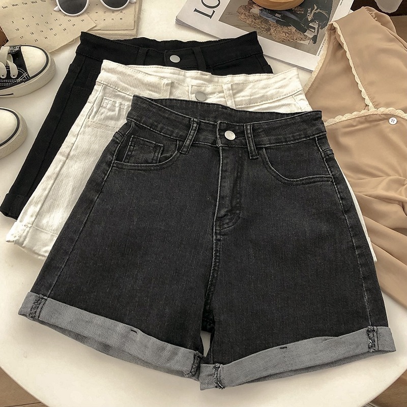 High waist denim shorts women's summer 2022 new slim Korean curled loose A-shaped wide leg pants